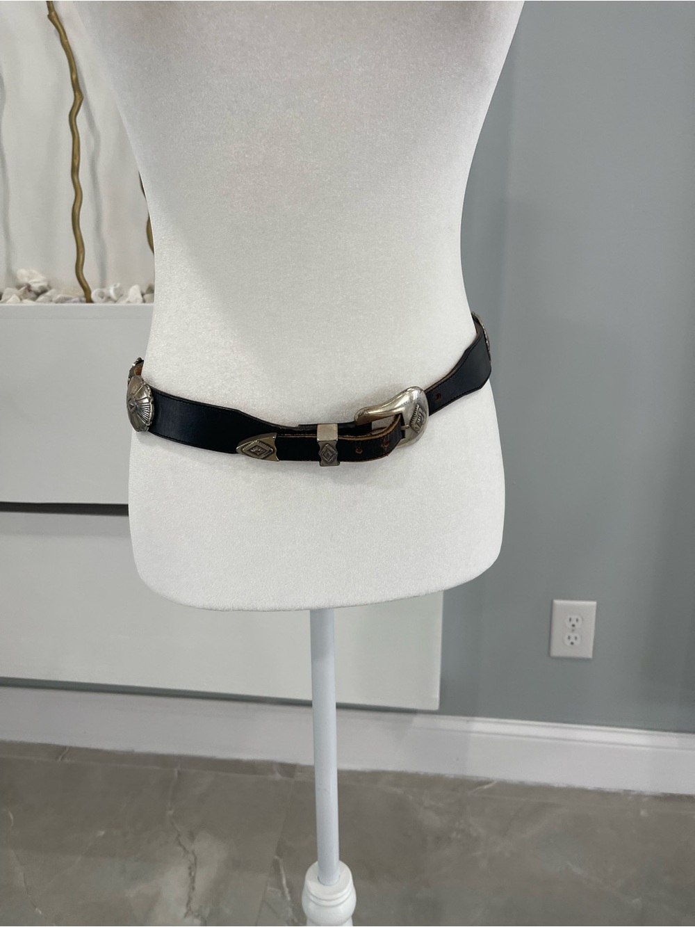 Black Leather Western-Style Belt with Silver Conchos